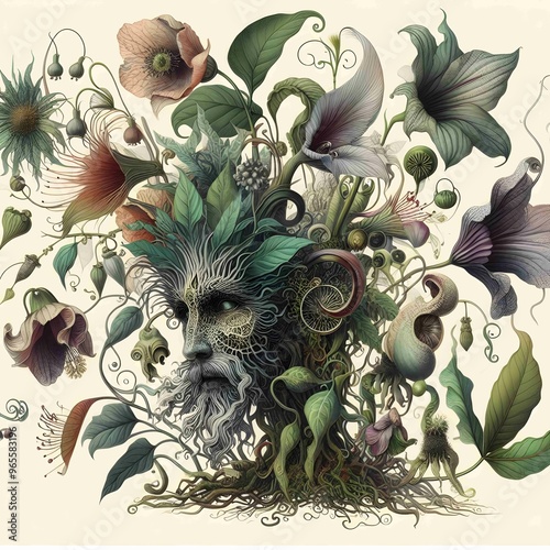 Botanical Illustration with a Twist; Traditional botanical illustration that includes fantastical or surreal elements, such as plants with human features and hybrid flora. blend of realism and fantasy photo