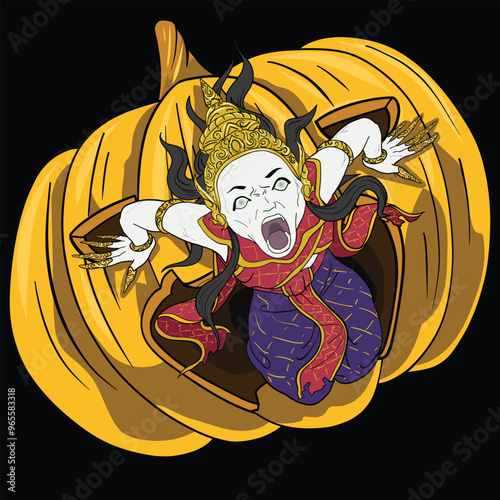 Ghost of Thai Dancer Emerging from Pumpkin