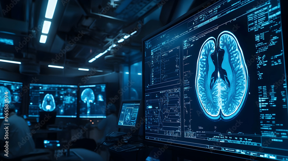 Advanced medical imaging technology showing brain MRI scans in neon ...