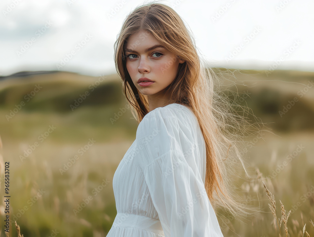 A young woman stands gracefully in field, wearing flowing white dress that complements serene landscape. Her long hair gently sways in breeze, capturing moment of natural beauty and tranquility A young woman stands gracefully in field, wearing flowing white dress that complements serene landscape. Her long hair gently sways in breeze, capturing moment of natural beauty and tranquility