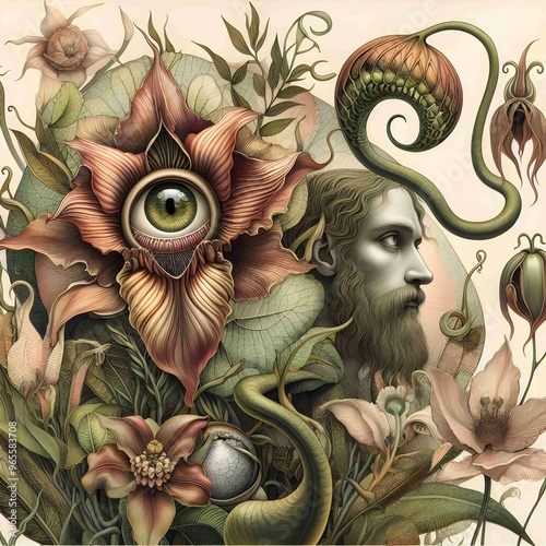 Botanical Illustration with a Twist; Traditional botanical illustration that includes fantastical or surreal elements, such as plants with human features and hybrid flora. blend of realism and fantasy photo