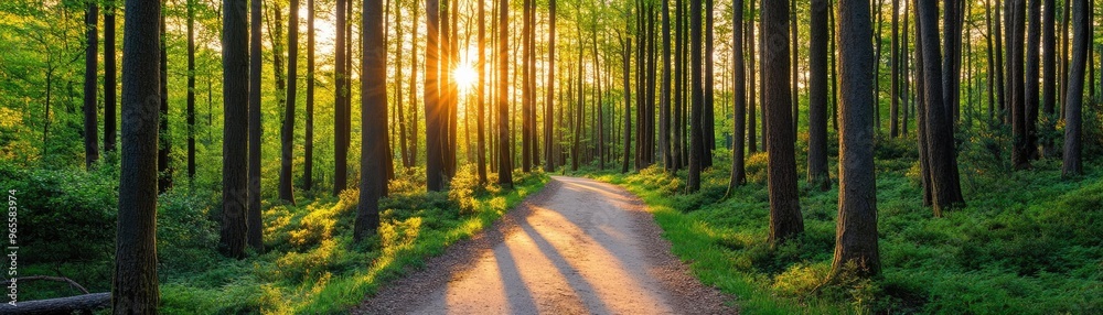 Radiant golden hour sunbeams illuminating a quiet forest path, nature's glowtime, peaceful and inspiring landscape Radiant golden hour sunbeams illuminating a quiet forest path, nature's glowtime, peaceful and inspiring landscape