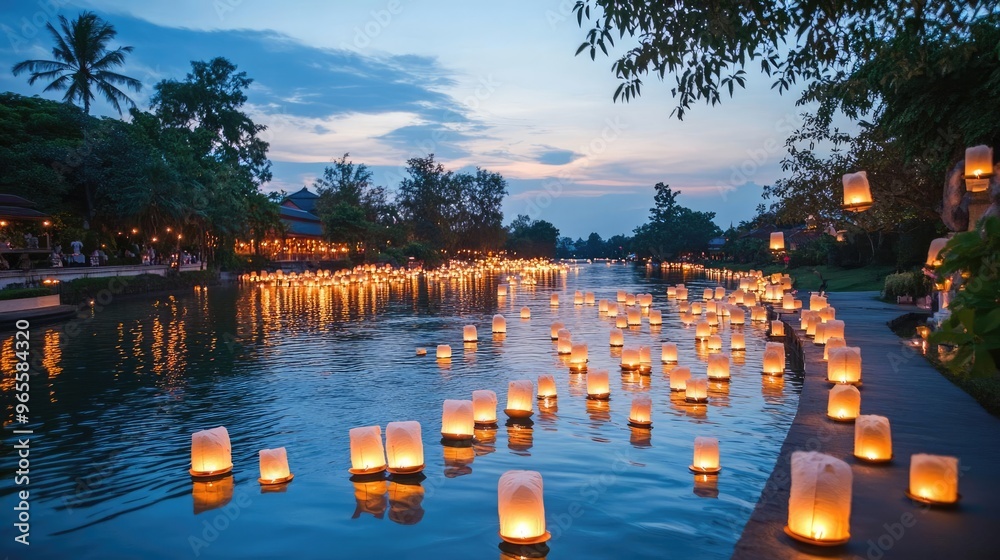 Floating lanterns glowing over a serene river, creating a warm and magical atmosphere, evening glowtime, peaceful and enchanting natural beauty