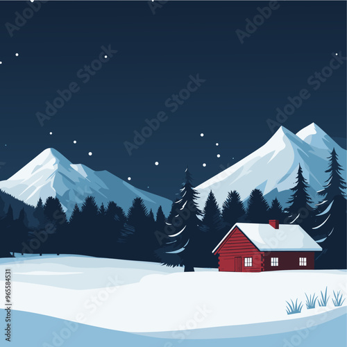 Cozy Red Chalet in a Snowy Mountain Wilderness in the night.