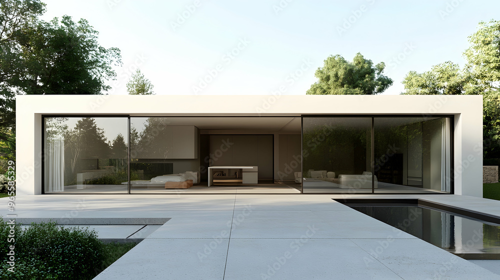 Fototapeta premium A beautiful house featuring a sleek minimalist design, complete with sliding glass doors that reveal an elegant interior.