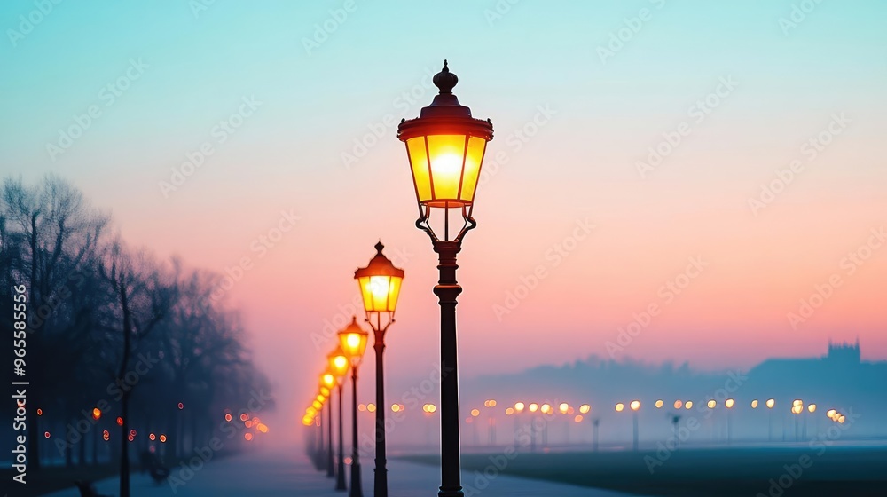 Glowing street lamps in a misty park at dawn, creating a serene atmosphere, early morning glowtime, calm and peaceful Glowing street lamps in a misty park at dawn, creating a serene atmosphere, early morning glowtime, calm and peaceful