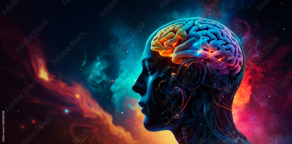 A digital artwork closeup portrait of a human with a brain exposed, surrounded by vibrant flames, cosmic elements, galaxies and ethereal fog. Spirituality higher states of consciousness illustation. A digital artwork closeup portrait of a human with a brain exposed, surrounded by vibrant flames, cosmic elements, galaxies and ethereal fog. Spirituality higher states of consciousness illustation.