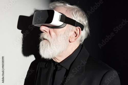 An elderly man experiencing virtual reality in stock photos photo