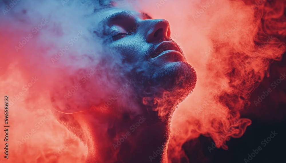 young man in abstract colored cigarette smoke, vaping young man in abstract colored cigarette smoke, vaping