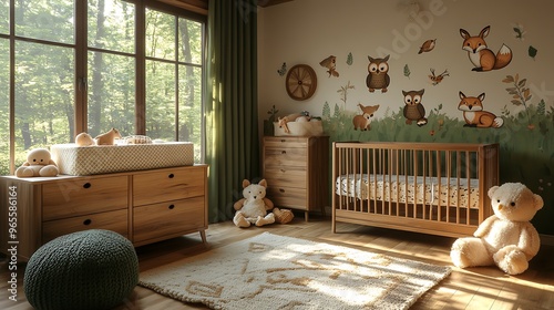 A woodland creatures nursery, featuring forest animal decals like foxes, owls, and deer on the walls, natural wood crib and furniture, earthy tones of green and brown, soft plush animal toys, photo