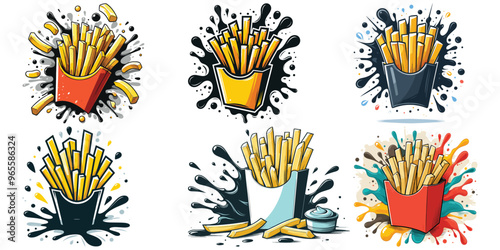 Vector Illustration of French Fries with Splashes, colorful modern design, perfect for fast food promotions