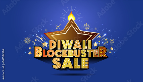 Concept for Diwali blockbuster sale. Offer Logo with diya lights, crackers, fireworks and sparkle sky background.