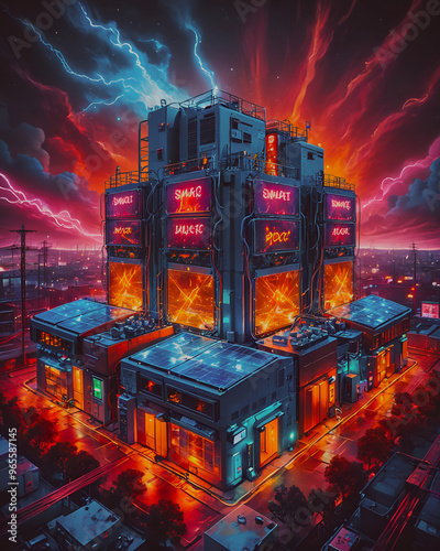 A building with a sign that says power on it, 3d render, illustration artwork