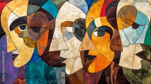 Playful Cubist Folk Art Figures in Abstract Composition | Whimsical UHD Stock Photo