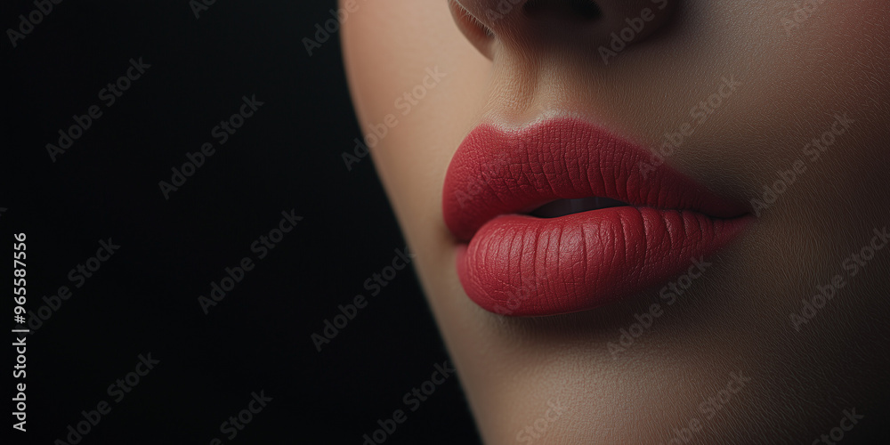 Side profile of woman’s lips with matte red lipstick, dark background, elegance and beauty Side profile of woman’s lips with matte red lipstick, dark background, elegance and beauty