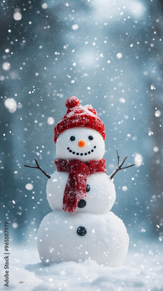 A Cheerful Snowman Standing in the Snow with a Red Hat and Scarf A Cheerful Snowman Standing in the Snow with a Red Hat and Scarf
