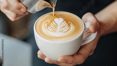 A barista preparing a latte with intricate latte art, warm tones, and a cozy cafe ambiance