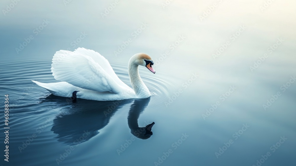Obraz premium Swan gliding on tranquil lake surface, serene and peaceful atmosphere. Nature and tranquility concept