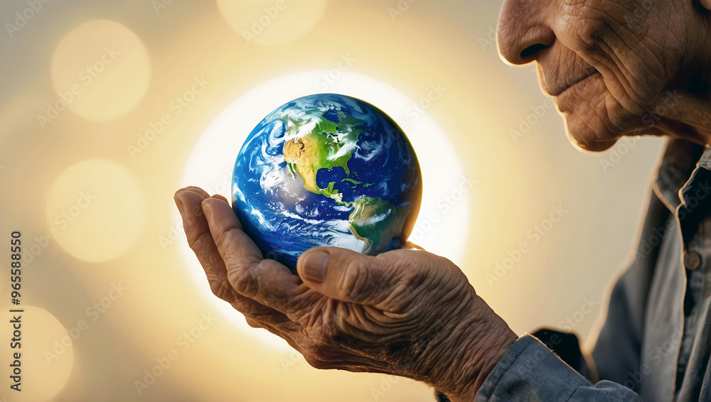 Old wrinkled hands holding planet earth, globe on the palm, eco environment, global connection, background