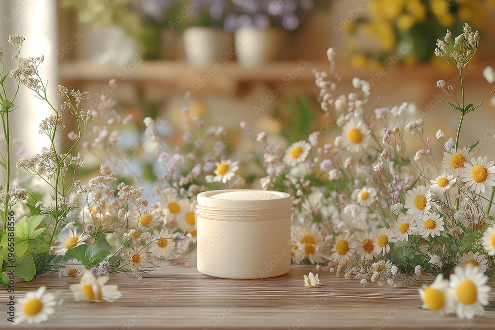 Natural Beauty Skincare Cream mockup in Herbal Jar Surrounded by Daisies Natural Beauty Skincare Cream mockup in Herbal Jar Surrounded by Daisies