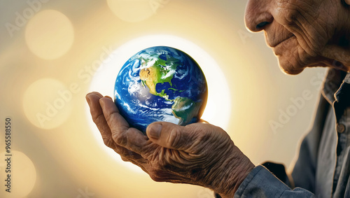 Obraz na płótnie Old wrinkled hands holding planet earth, globe on the palm, eco environment, global connection, background w salonie