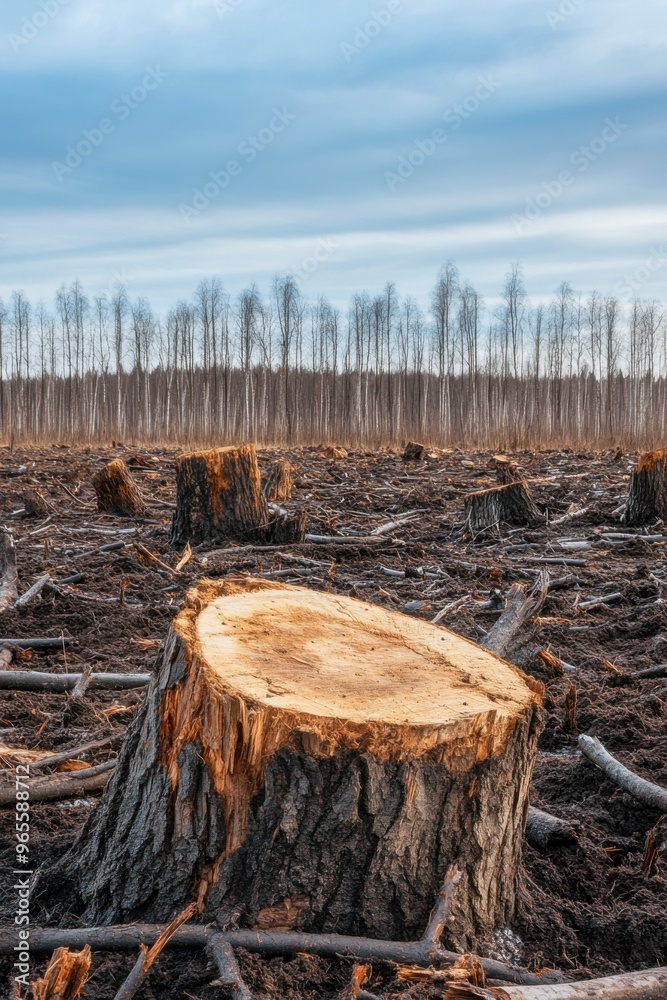 Deforestation scene with tree stumps in a barren landscape, highlighting environmental destruction, forest clearing, and the impact of human activities on nature Deforestation scene with tree stumps in a barren landscape, highlighting environmental destruction, forest clearing, and the impact of human activities on nature