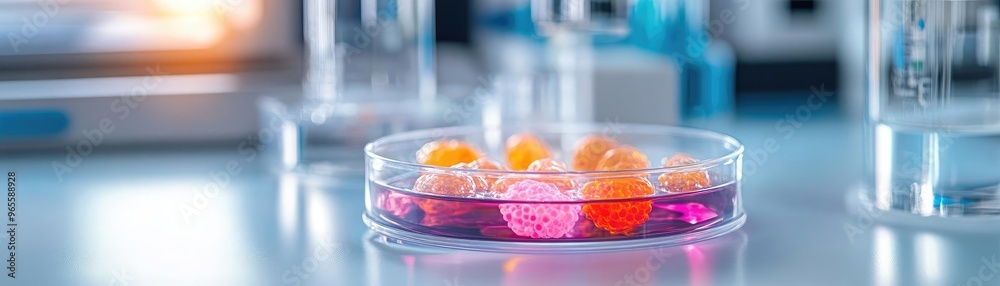 Close-up of petri dish with genetically engineered microorganisms in a state-of-the-art biotech lab Close-up of petri dish with genetically engineered microorganisms in a state-of-the-art biotech lab