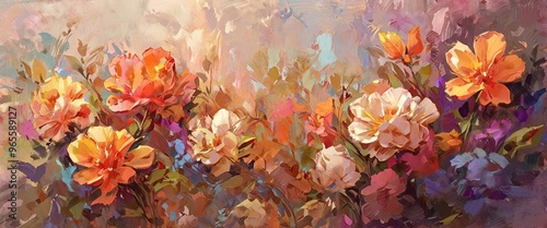 Banner of fragment of an oil painting. Drawn bright multi-colored flowers. Abstract colorful background