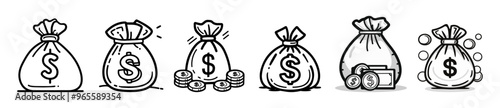 money bag icons set collection with dollar sign. Moneybag with coins doodle style vector illustration. Finance, banking, investment, saving account concept.