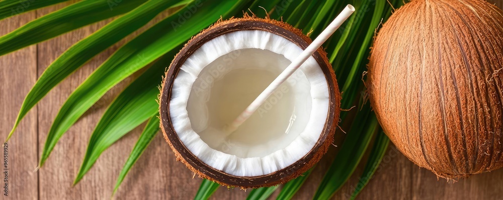 Juicy coconut with a straw, fresh from the tree, tropical vibes, refreshing and hydrating Juicy coconut with a straw, fresh from the tree, tropical vibes, refreshing and hydrating