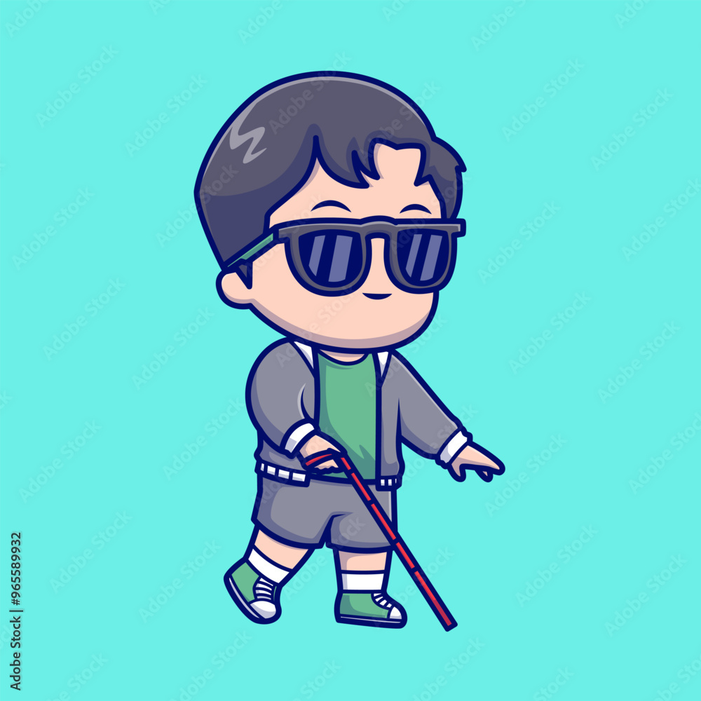 Fototapeta premium Cute Man Blind with Glasses and Cane Cartoon Vector Icon Illustration. People Nature Icon Concept Isolated Premium Vector. Flat Cartoon Style