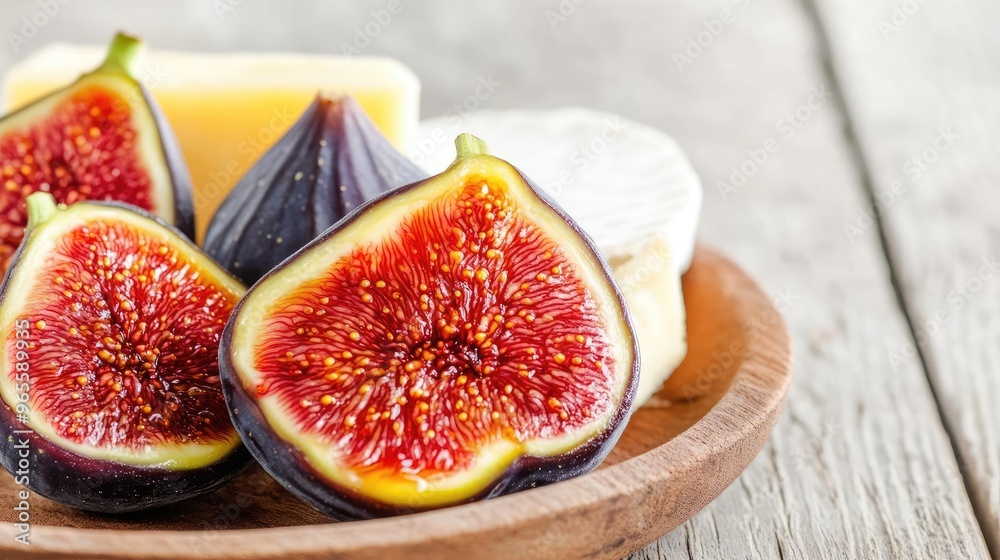 Juicy figs cut in half, drizzled with honey, served with cheese, rustic and elegant snack Juicy figs cut in half, drizzled with honey, served with cheese, rustic and elegant snack