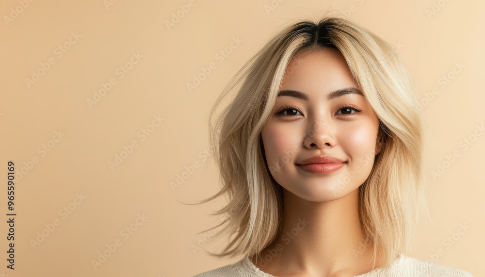 portrait of asian softly smiling young woman with blond hair on solid light beige color background with copy space portrait of asian softly smiling young woman with blond hair on solid light beige color background with copy space