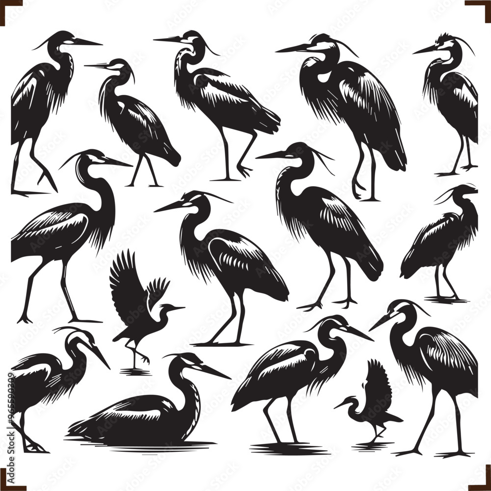 Obraz premium Heron Flat Black Silhouette Vector Art Bundle