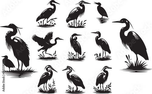 Heron Artistic Silhouette Elements in Black