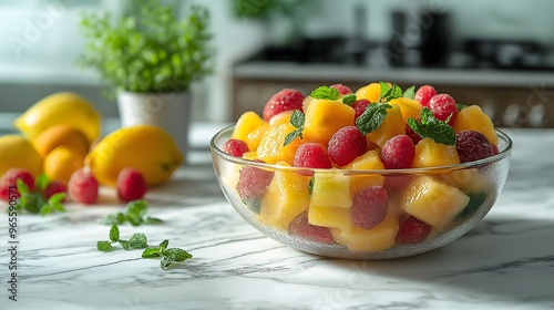 Colorful Fresh Fruit Bowl with Mango Raspberry and Mint on Marble Countertop, print for International Fruit Day