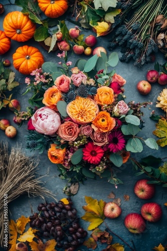 Autumn brand board flat lay showcasing a female-owned florist shop's floral identity with vibrant seasonal flowers, pumpkins, and natural elements