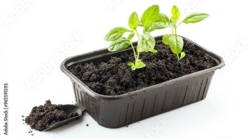 Green Seedlings in a Black Plastic Pot with a Scoop of Soil