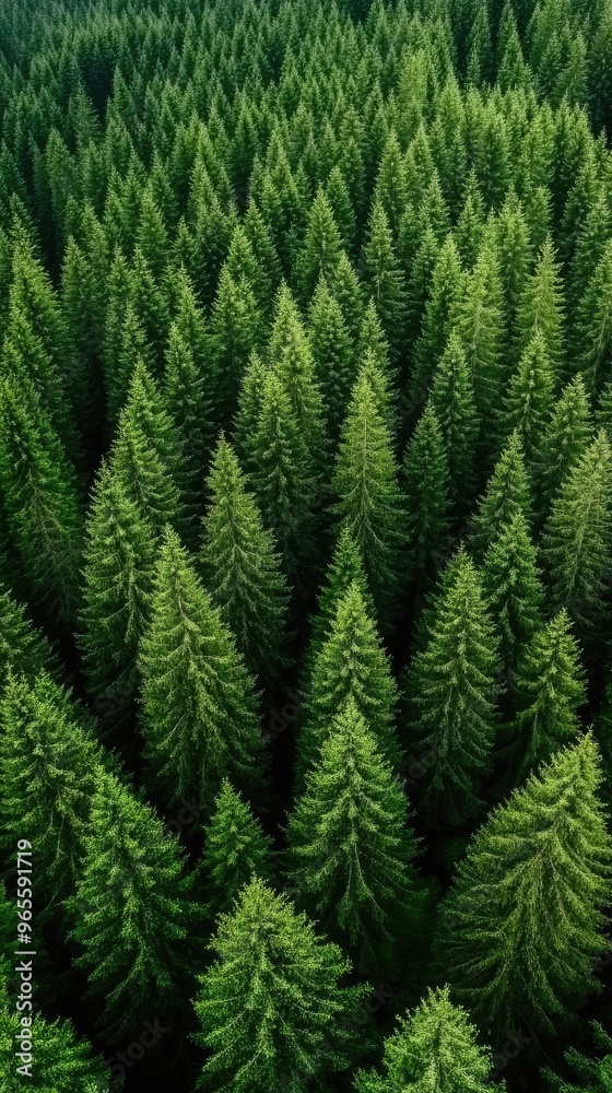 Obraz premium This aerial perspective highlights the vibrant greens of a dense forest, with a thick canopy that reveals the beauty of ancient trees in a serene environment