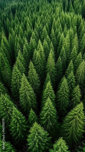 This aerial perspective highlights the vibrant greens of a dense forest, with a thick canopy that reveals the beauty of ancient trees in a serene environment