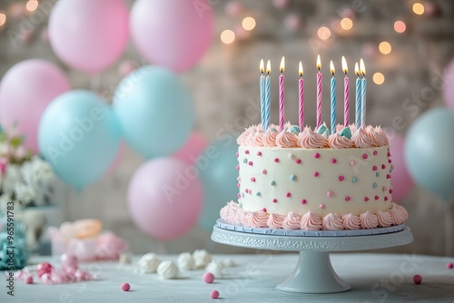 Celebration Cake with Pink and Blue Balloons on Rustic Wood Background