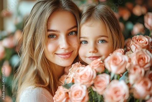Joyful portrait of a young mother and daughter smiling together in a vibrant flower garden photo