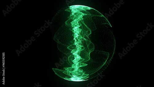 Technology green sphere with connecting dots and lines. Digital abstract network structure. 3D rendering.