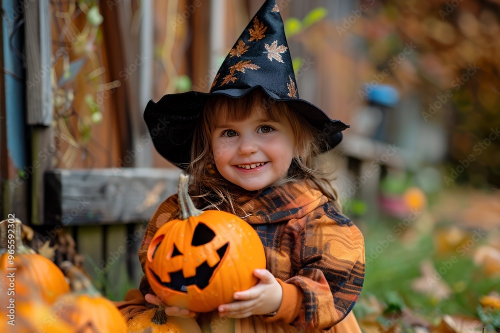 Child dressed up spooky character at Halloween costume party and sit outdoor. Girl holding cut pumpkin lantern in hand Child dressed up spooky character at Halloween costume party and sit outdoor. Girl holding cut pumpkin lantern in hand