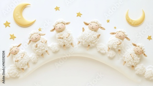 Six fluffy sheep sleeping under the moon and stars.