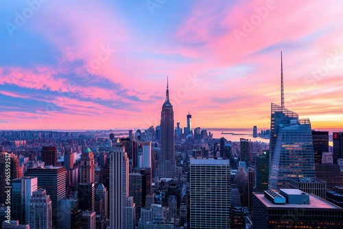 A panoramic view of a famous city skyline at dawn, with iconic landmarks and a beautiful sky turning from night to day