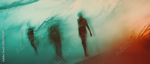 Surreal dreamscape featuring ethereal figures moving through misty environment, captured with an artistic touch. colors blend beautifully, creating mysterious atmosphere
