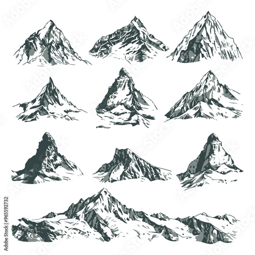 Set of hand drawn mountain peaks. Illustration of a mountain landscape with rocks. Travel, adventure, outdoor activities.