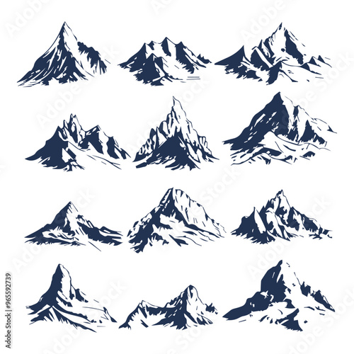 Set of hand drawn mountain peaks. Illustration of a mountain landscape with rocks. Travel, adventure, outdoor activities. photo