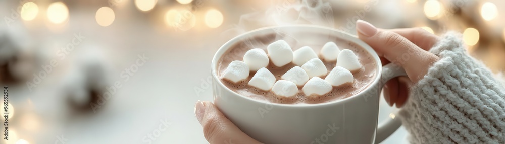 A person holding a steaming cup of hot chocolate with marshmallows in a cozy winter setting A person holding a steaming cup of hot chocolate with marshmallows in a cozy winter setting